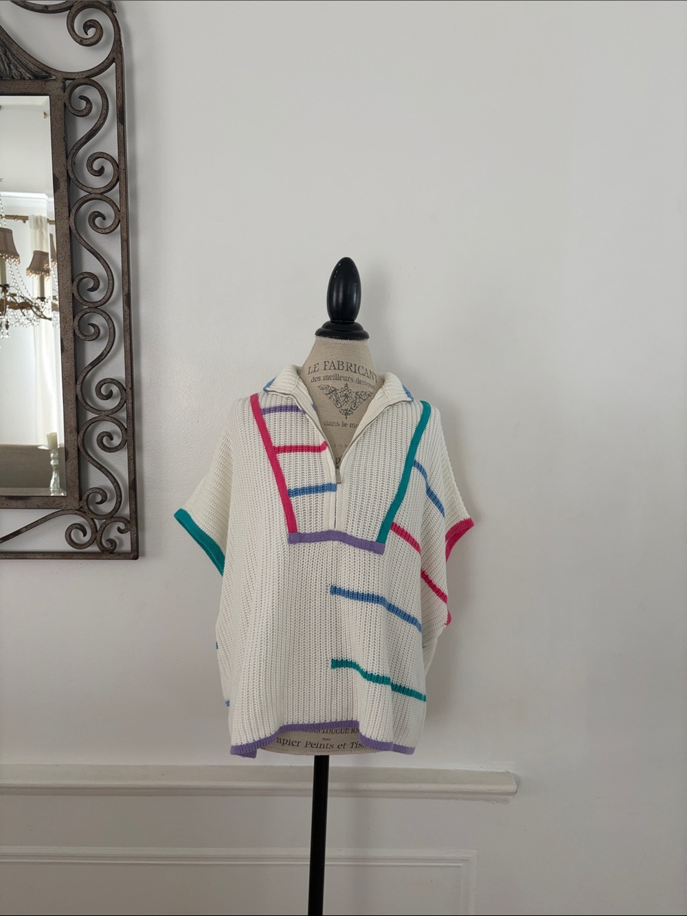 New York & Company Cream Knit Tunic with Pink, Teal & Purple Trim